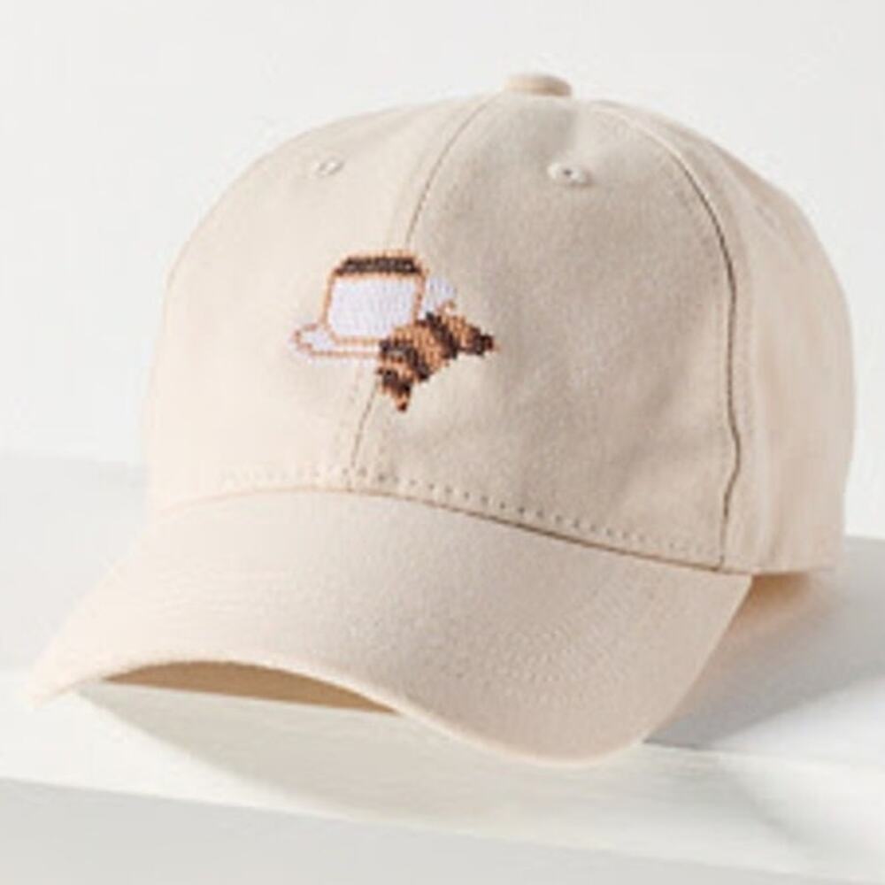 ANTHROPOLOGIE NWT Croissant Coffee Cotton Icon Embroidered Baseball Cap Beige